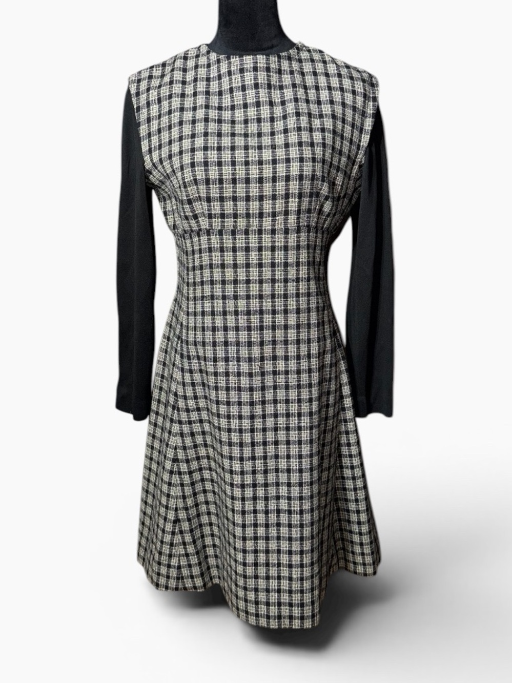 Vintage 1960s Plaid Tweed A-Line Dress Black Cream Mod Retro Medium